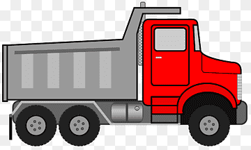 Red cartoon-style dump truck with gray cargo bed and six wheels on transparent background.