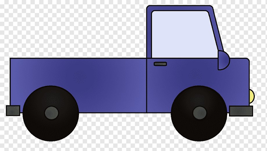 Blue cartoon pickup truck with black wheels and simple design on transparent background.