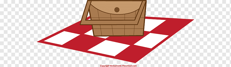 A cartoon-style wooden picnic basket with a hinged lid, resting on a red-and-white checkered blanket.