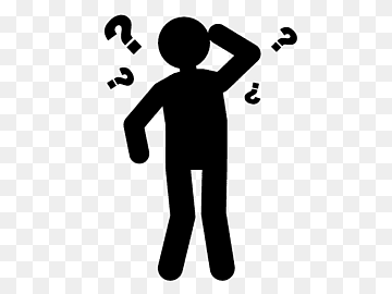 Black stick figure scratching head with floating question marks, symbolizing confusion or uncertainty.