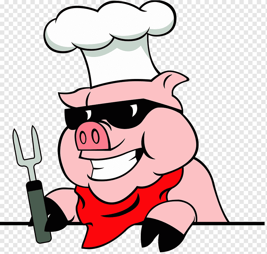 Cartoon pig chef wearing sunglasses, toque, and red apron, holding a meat fork with a confident grin.