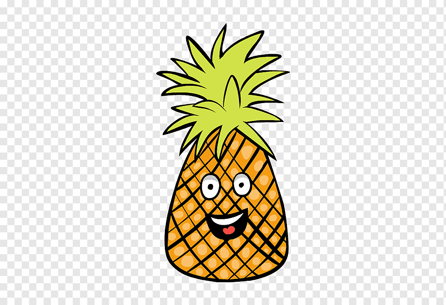 Cheerful cartoon pineapple with smiling face, green crown, and textured orange body on transparent background.