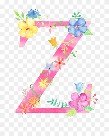 Decorative watercolor letter Z adorned with colorful flowers and green vines on transparent background.