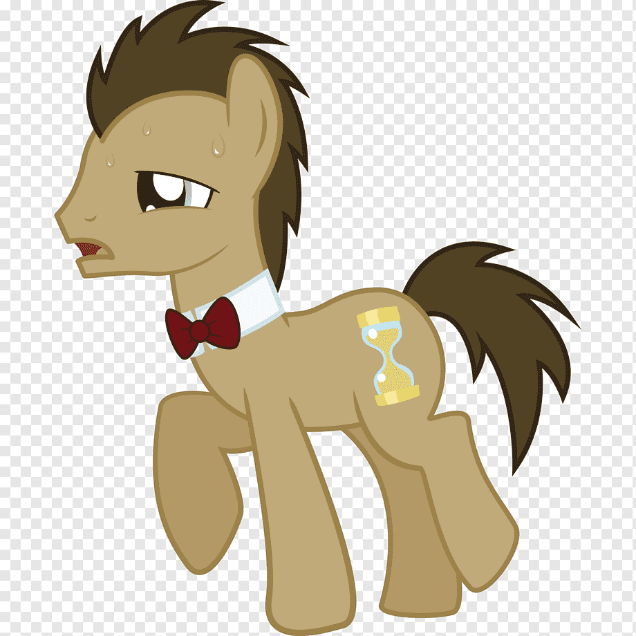 A tan cartoon pony with brown spiky mane and tail, wearing a red bowtie and hourglass cutie mark, sweating nervously.