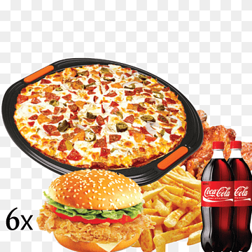 Pizza, chicken burger, fries, and two Coca-Cola bottles in a combo meal offer (6x).