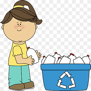 A cartoon girl placing plastic bottles into a blue recycling bin with the universal recycling symbol.