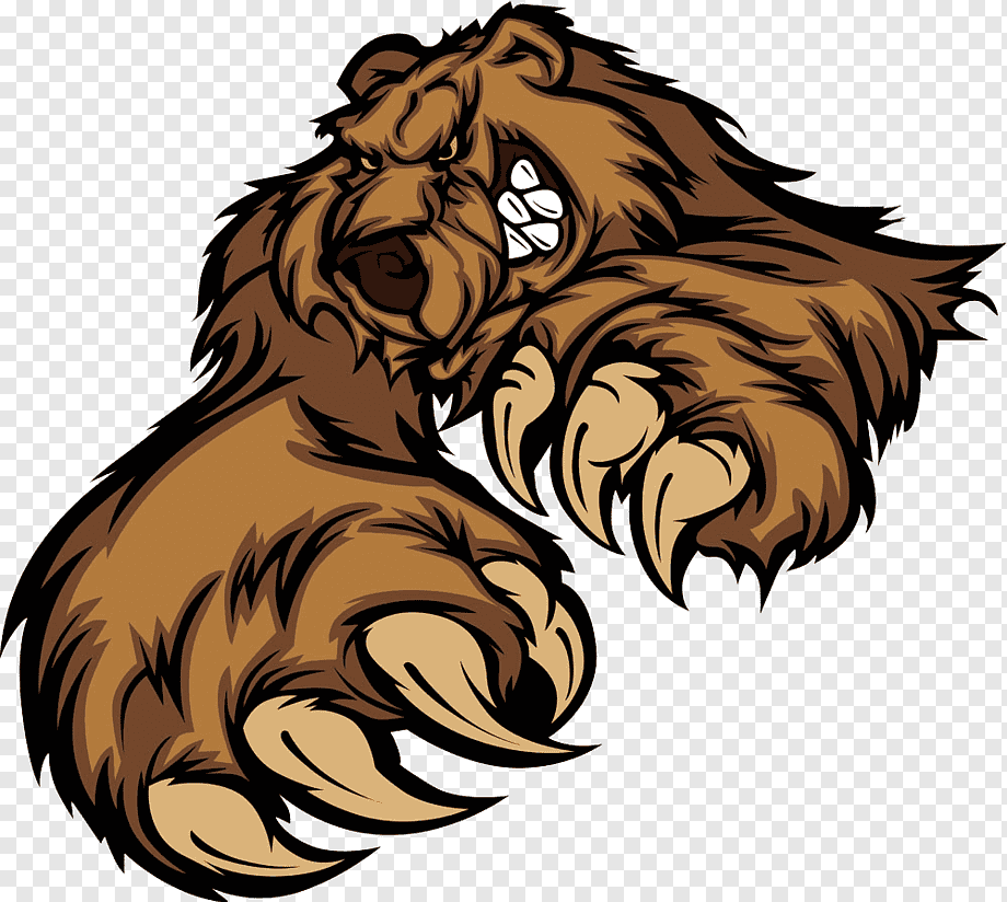 Fierce cartoon bear mascot roaring with sharp claws extended, stylized for sports or team branding.