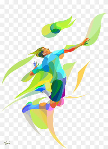 Abstract colorful illustration of a person leaping joyfully amid flowing green and yellow leaf-like shapes.