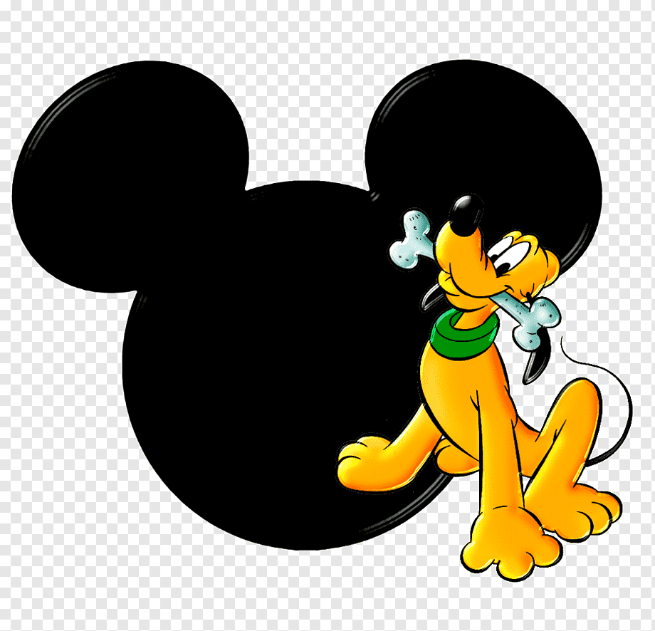 Pluto the Disney dog chewing a bone beside a black Mickey Mouse silhouette.