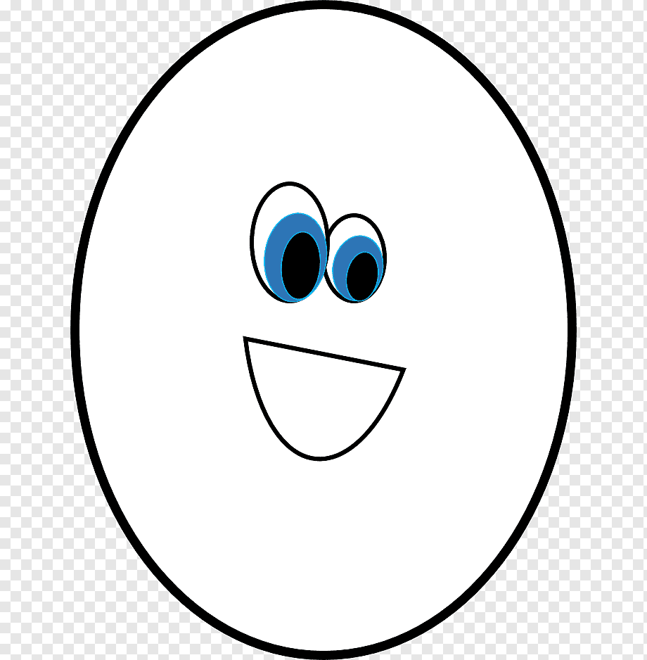 Smiling white egg-shaped character with blue eyes and a cheerful grin on transparent background.
