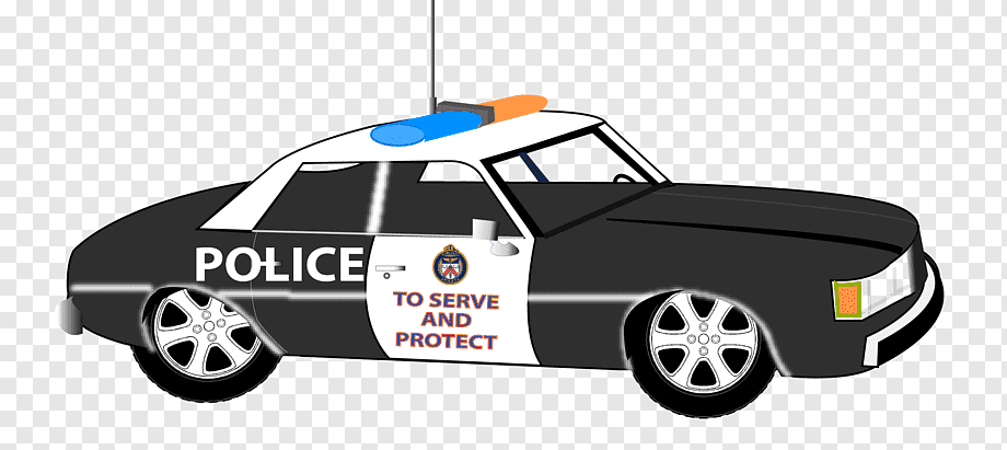 Black and white police cruiser with "POLICE" and "TO SERVE AND PROTECT" text, blue/orange light bar on roof.