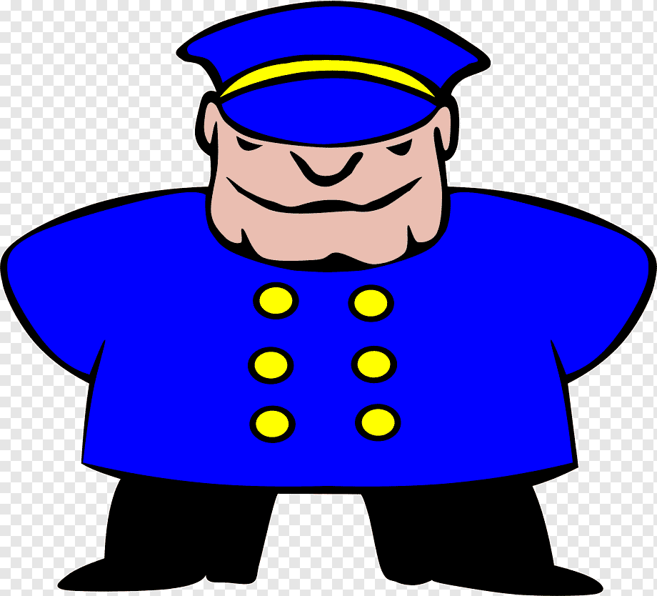 Cartoon security guard in blue uniform with yellow buttons and cap, smiling confidently with hands on hips.
