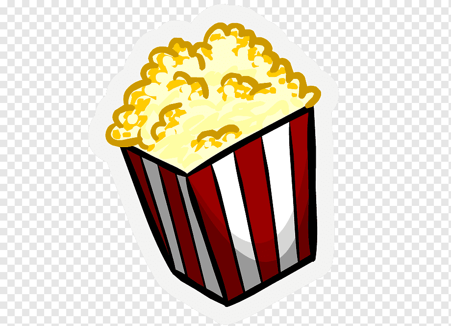 A cartoon-style popcorn box with red-and-white stripes, overflowing with yellow popcorn kernels.