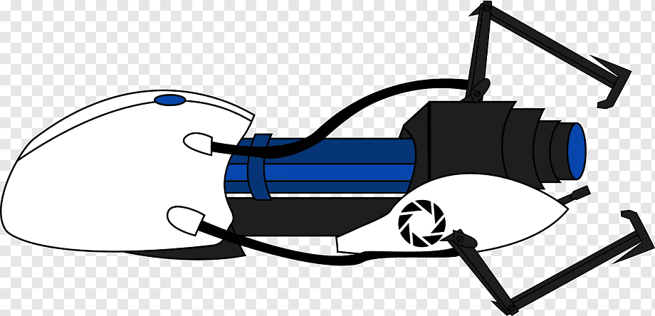 Stylized cartoon depiction of a futuristic handheld portal device with white casing, blue core, and black mechanical arms.