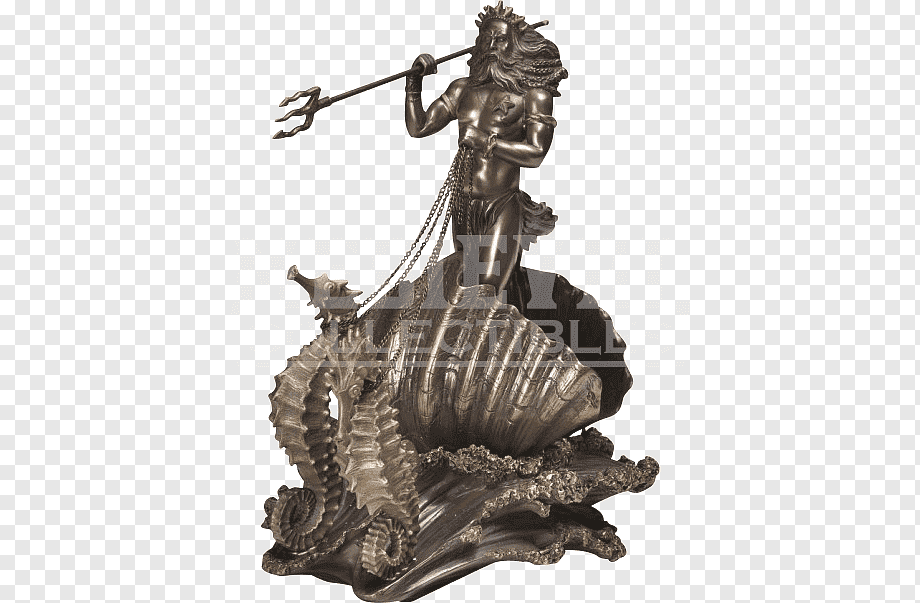 Bronze statue of Poseidon holding trident, standing atop seashells and sea creatures.