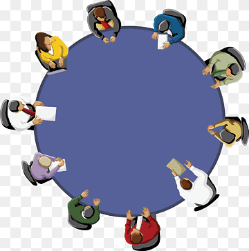 Top-down view of diverse professionals seated around a round table in a collaborative meeting.