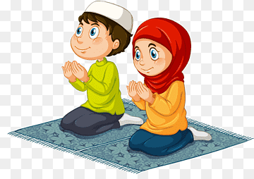 A boy and girl in Islamic attire praying together on a patterned prayer mat.