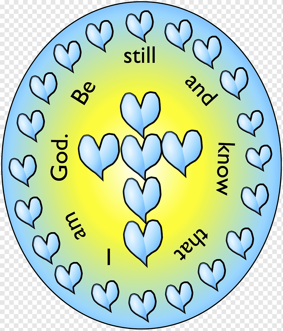 Circular design with blue hearts and the phrase “Be still and know that I am God” arranged in a gradient circle.
