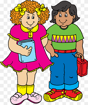 Two smiling cartoon children-a girl with curly orange hair holding a book and a boy with dark hair holding a lunchbox-standing side by side.