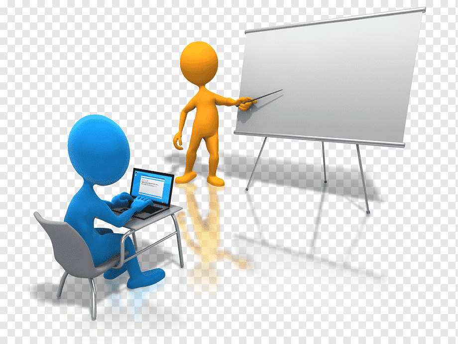 Orange figure presenting at whiteboard while blue figure types on laptop in a 3D educational scene.