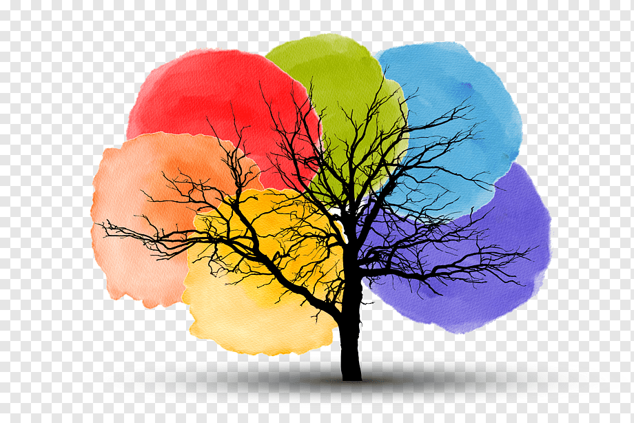 Bare tree silhouette with colorful watercolor circles in red, orange, yellow, green, blue, and purple behind it on transparent background.