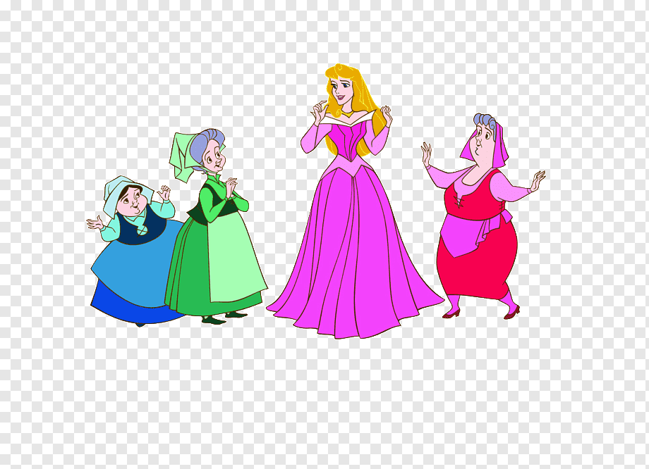 Aurora in pink gown surrounded by three fairy godmothers in colorful peasant dresses, classic Disney animation style.