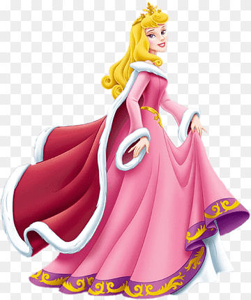 Aurora in her iconic pink gown with gold trim and white fur, smiling gracefully with flowing golden hair and a crown.