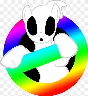 A white cartoon pony with large black eyes peeks through a rainbow-colored prohibition symbol, holding a green bar across the center.