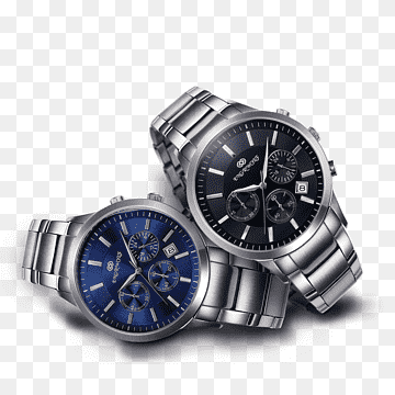 Two luxury stainless steel chronograph watches-one with a blue dial, one with a black dial-displayed on transparent background.