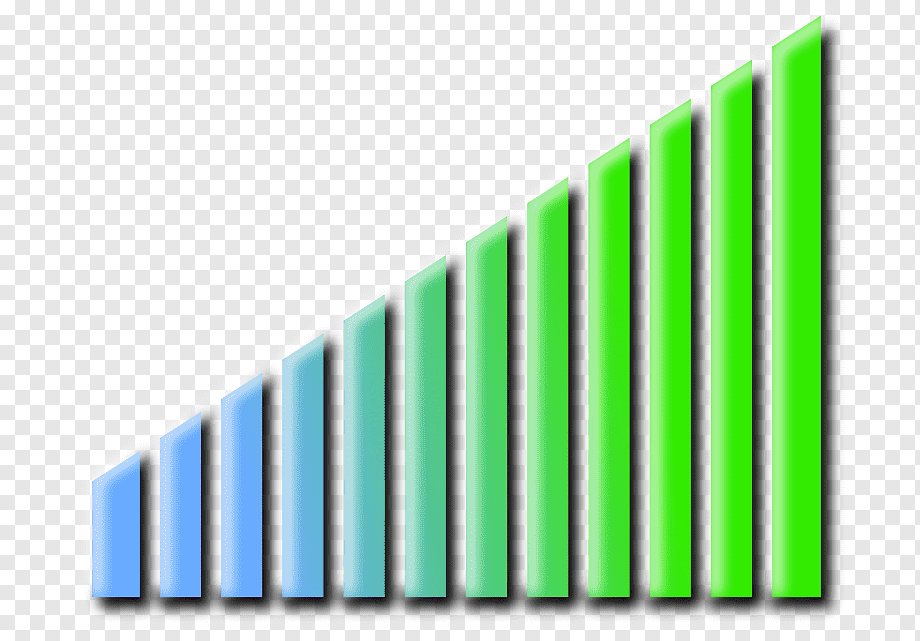 Ascending bar chart showing growth trend, colors shifting from blue to green.