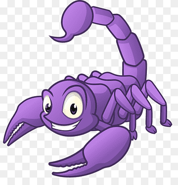 Purple cartoon scorpion with smiling face, raised stinger, and open claws on transparent background.