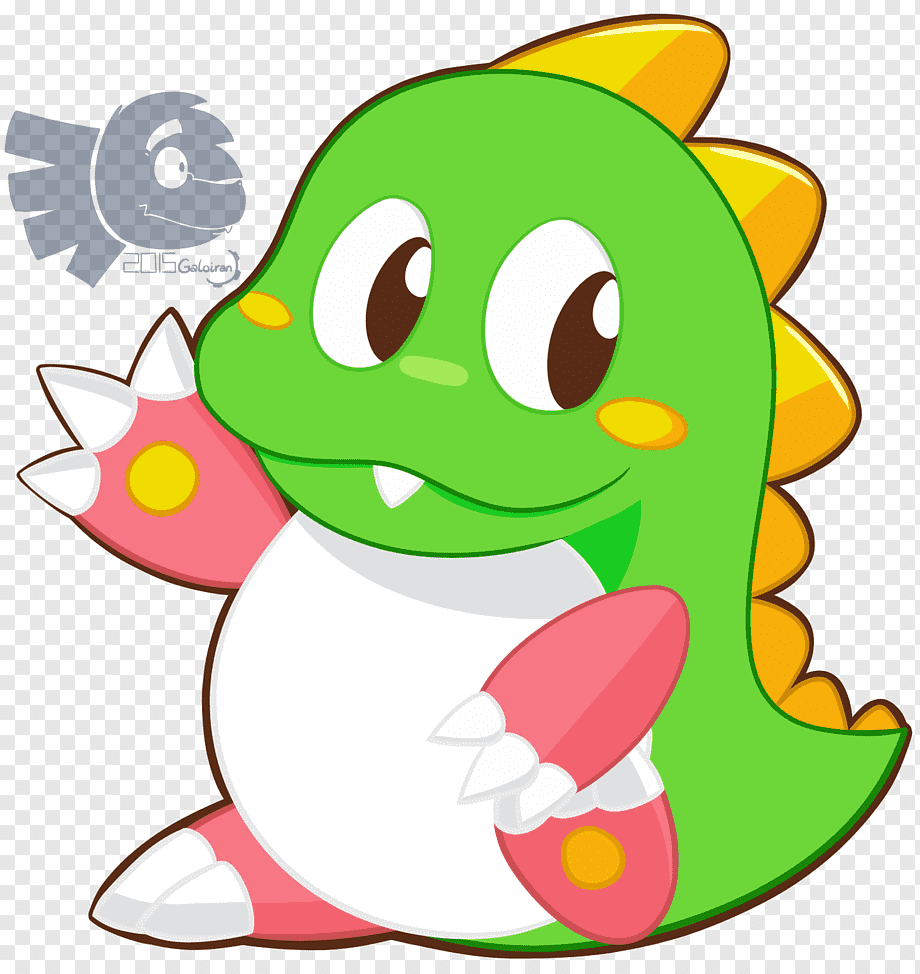 Cute green cartoon dinosaur with yellow spikes, pink arms, and a friendly smile waving hello.