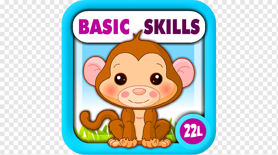 Cute cartoon monkey in a blue frame labeled "Basic Skills" with "22L" badge, for early learning app icon.