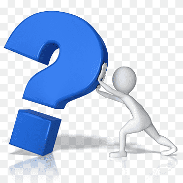 A white 3D figure strains to push a large blue question mark, symbolizing problem-solving or inquiry.