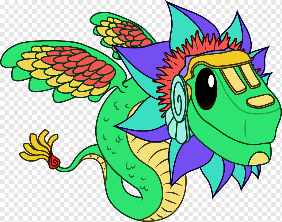Vibrant green feathered dragon with colorful wings, headdress, and tribal ornaments, in cartoon style.