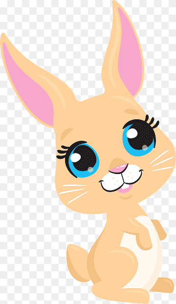 Cute cartoon bunny with big blue eyes, pink inner ears, and a smiling face on transparent background.