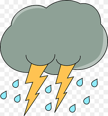 Gray storm cloud with two yellow lightning bolts and blue raindrops on transparent background.
