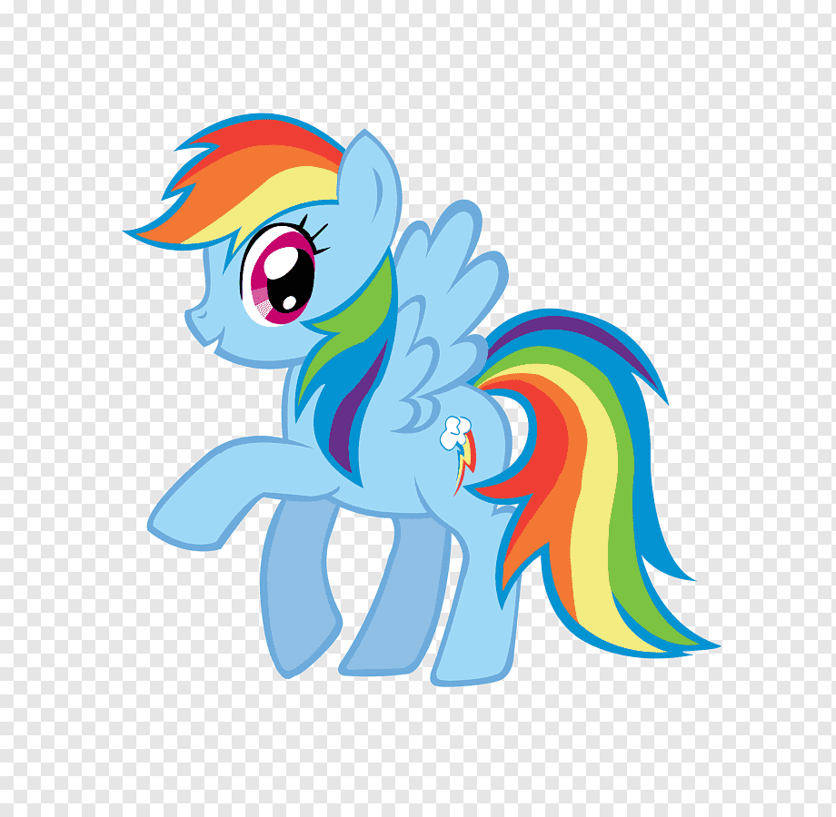 Rainbow Dash, a blue Pegasus pony with rainbow mane and tail, smiling mid-trot with wings spread.
