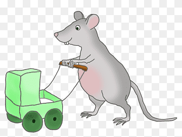 A cartoon gray mouse pushing a green baby stroller with a smiling expression.