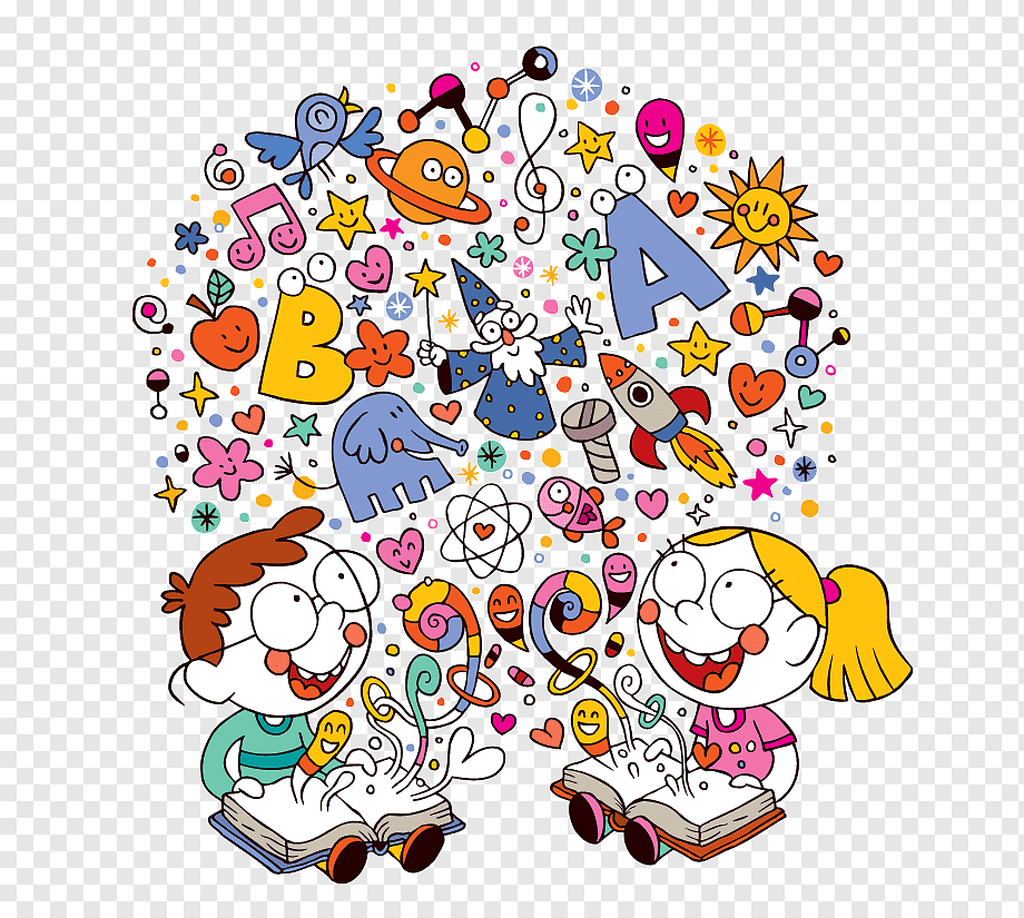 Two joyful children reading books as colorful educational icons-letters, planets, music notes, and science symbols-burst from the pages.