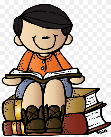 Smiling cartoon child sitting on a pile of books, reading an open book with joy.