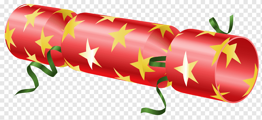 Red Christmas cracker with yellow stars and green ribbons, festive holiday decoration.