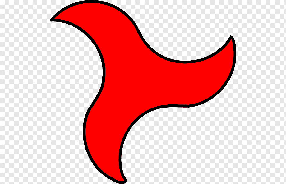 Red three-pronged triskelion-style symbol with black outline on transparent background.