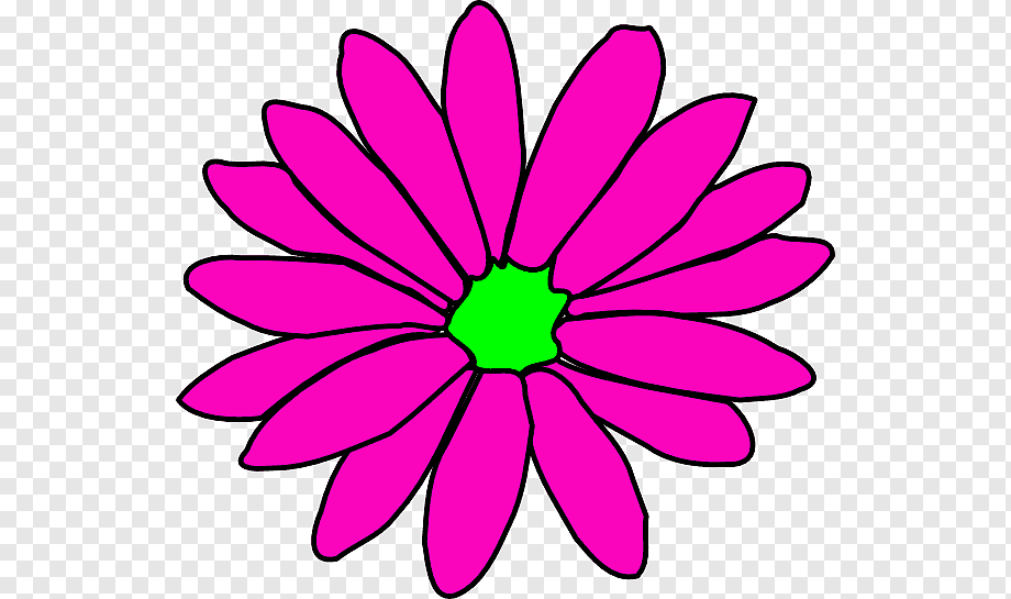 Vibrant pink daisy-style flower with a bright green center, outlined in black on transparent background.
