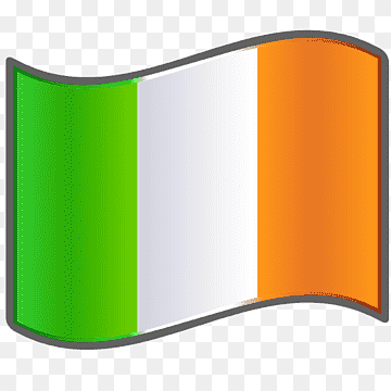 Waving Irish flag with vertical green, white, and orange stripes on transparent background.