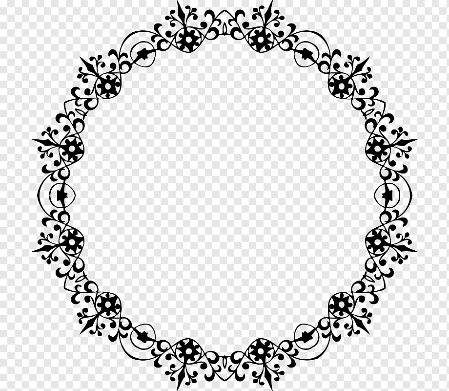 Elegant black-and-white ornate floral wreath border with symmetrical scrollwork and star motifs on transparent background.