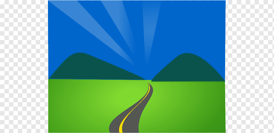 Winding road through green hills under a radiant blue sky with sun rays.