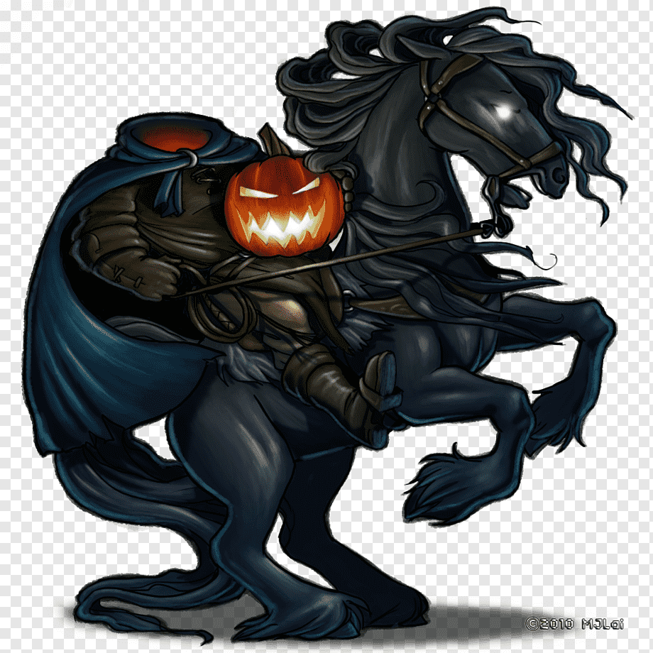 A dark, hooded rider with a glowing jack-o'-lantern head mounts a rearing black horse, evoking the Headless Horseman legend.