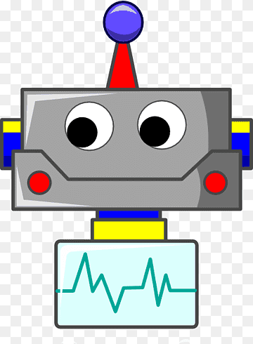 Friendly cartoon robot with big eyes, red antenna, and ECG display on chest.