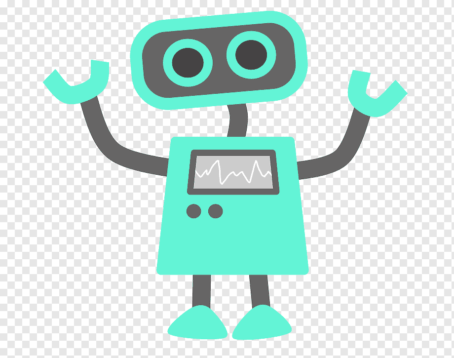 Friendly turquoise robot with raised arms, screen chest display, and expressive eyes on transparent background.